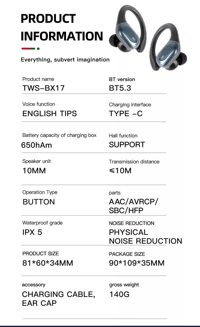 TWS LED Wireless Sport Earbuds, 60hrs, Bluetooth 5.3, IPX5 Waterproof