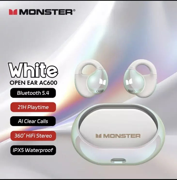 Monster Ear Clip Bluetooth TB 5.4 TWS Earbuds with HD Stereo & AI Noise Canceling