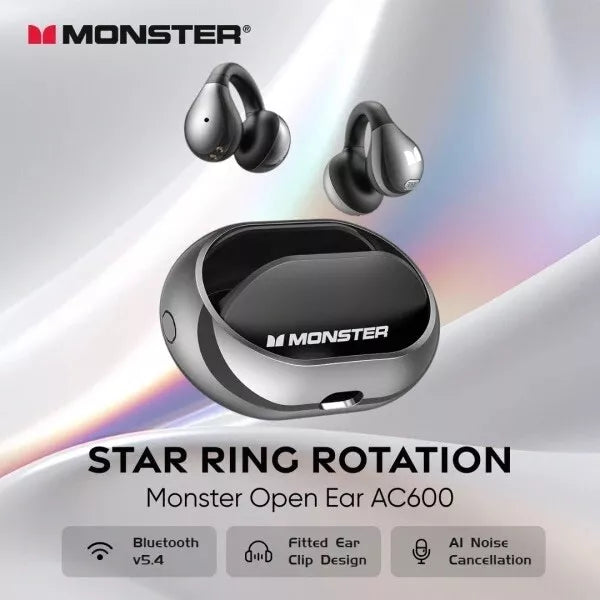 Monster Ear Clip Bluetooth TB 5.4 TWS Earbuds with HD Stereo & AI Noise Canceling