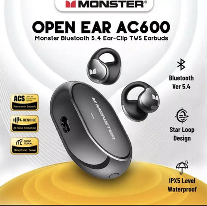 Monster Ear Clip Bluetooth TB 5.4 TWS Earbuds with HD Stereo & AI Noise Canceling