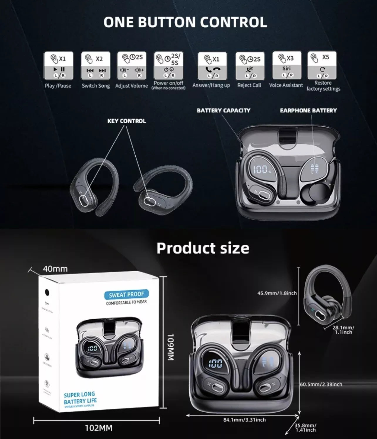 TWS Wireless Sport Earbuds, LED, 65hrs, Bluetooth V5.3, IPX5 Waterproof