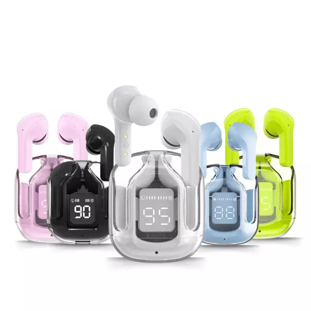 TWS Wireless Earbuds, 4Hr, BT 5.3, Stereo Sound, LED Display, Transparent, Waterproof